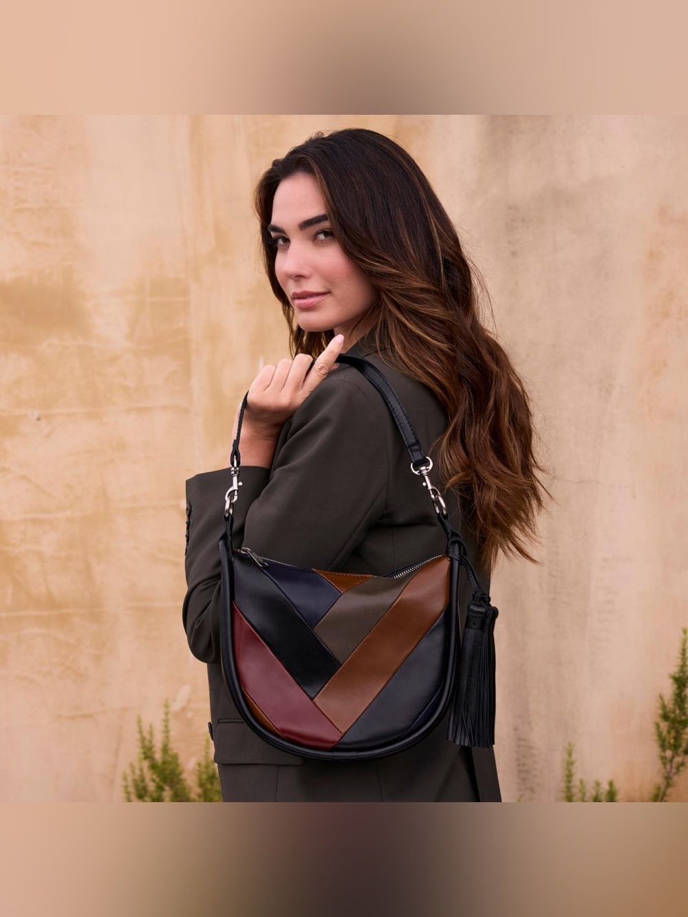 Patricia Nash Calanna Leather Hobo Black Multi Retro Colorblock Patchwork